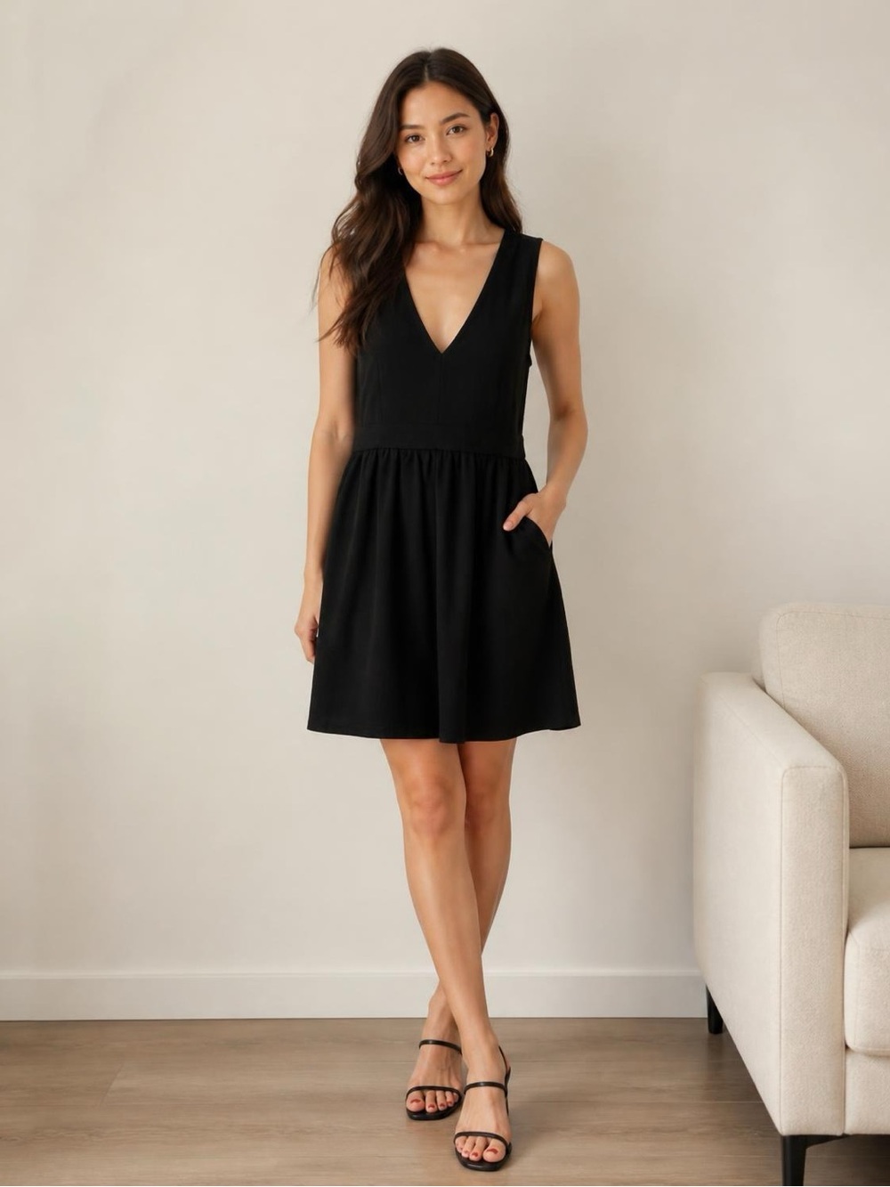 Aritzia Wilfred Biblio Silk Mixed Media V-Neck Mini Dress, Black, Size 8